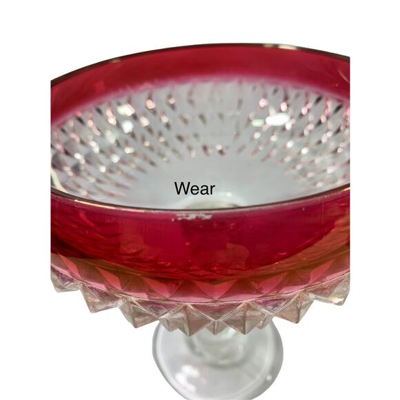 Vintage Clear Diamond Pattern Compote Bowl Pink Trim Pedestal Candy Dish - Picture 6 of 9